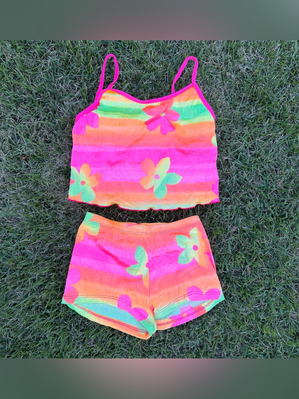 Vintage girls tank top bikini and shorts swim set neon flower